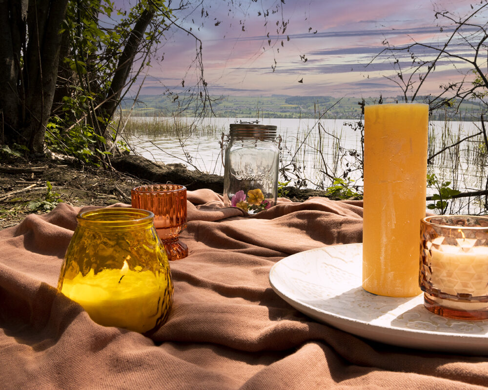 Sommerabend am see sonnenuntergang Picknickdecke